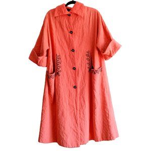 50s quilted salmon pink housecoat/robe with rhinestone soutache embroidered trim